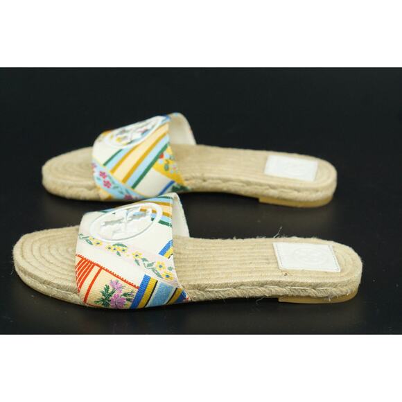 Tory Burch Benton Espadrille Slide Sandals Size 5.5 Multi Band $255 Logo - Picture 4 of 11